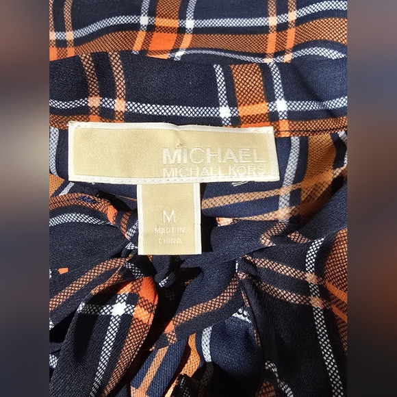Michael Kors Button Down Tie Neck Plaid Blouse Navy Blue Orange & White - Picture 9 of 11